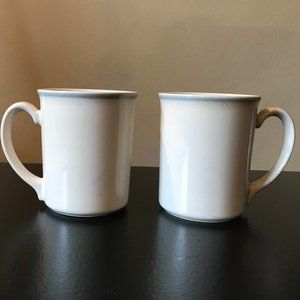 SET OF 2 WINDFLOWER MUGS BY CORELLE CORNINGWARE, BEIGE WITH BLUE BAND, VINTAGE